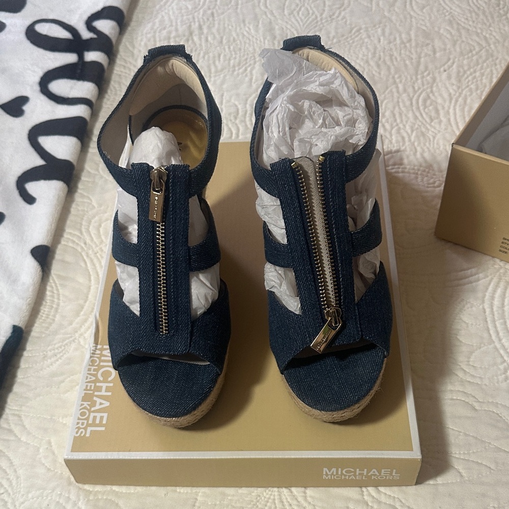 Michael Kors Blue Jean Wedge Sandals - Picture 3 of 16